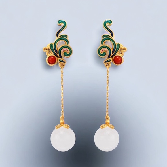 ENAMEL, CARNELIAN AND JADE DANGLE EARRINGS - Picture 1 of 6